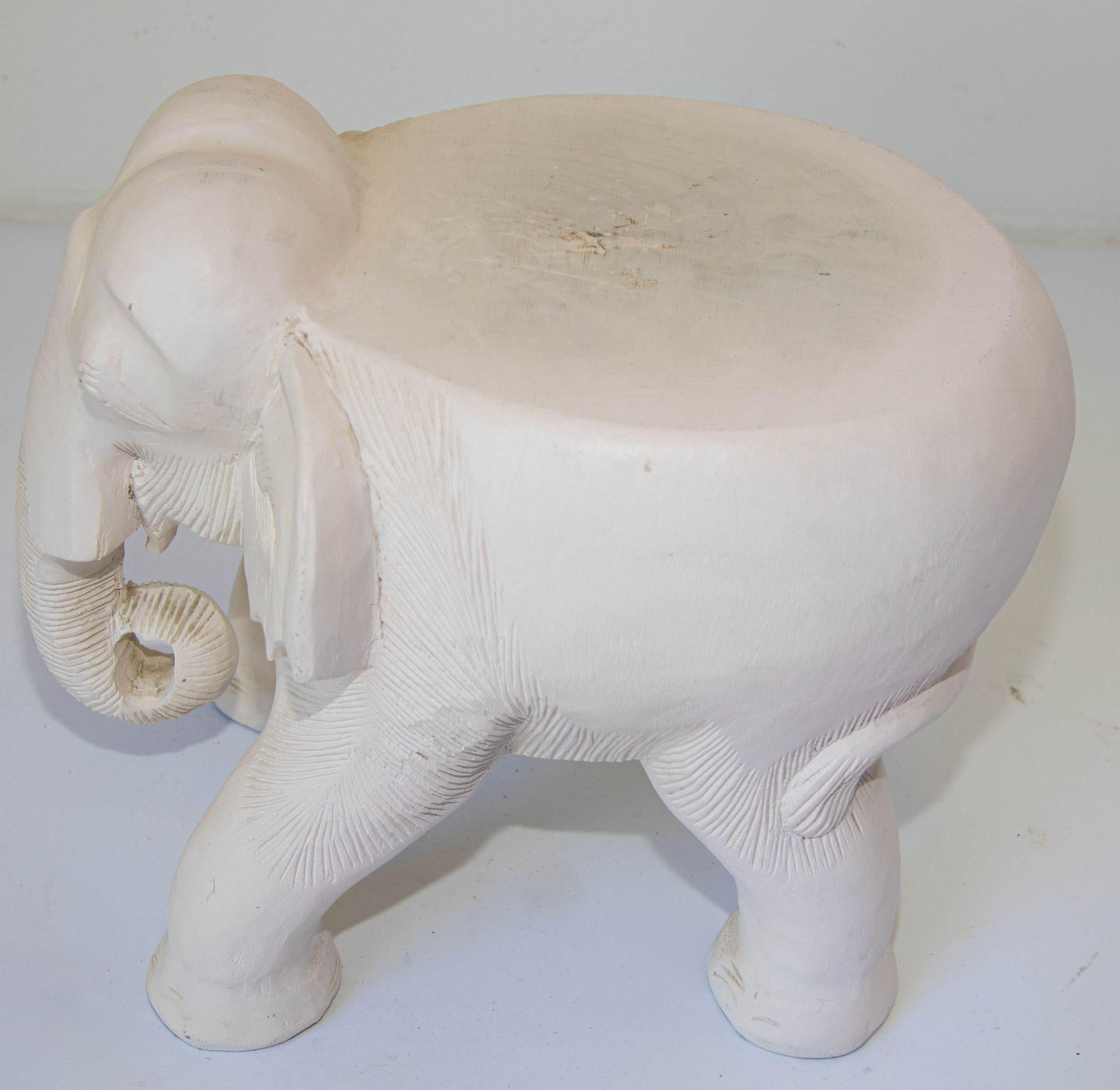 Large Vintage White Hand-Carved Wood Elephant Stand Side Table For Sale 2
