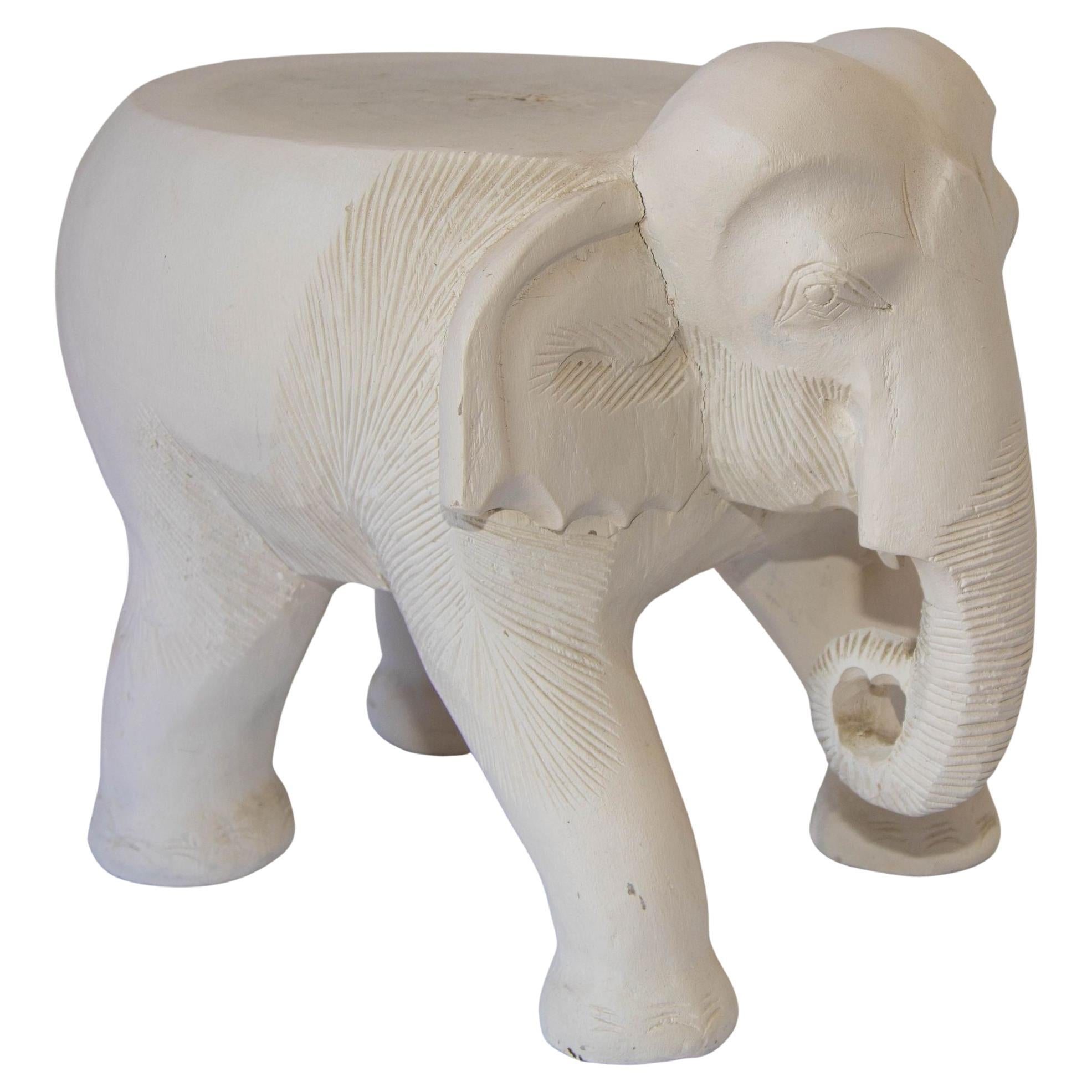 Large Vintage White Hand-Carved Wood Elephant Stand Side Table