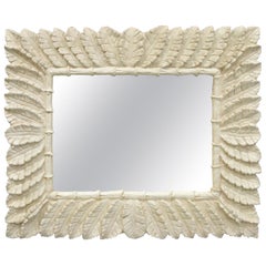 Large Vintage White Lacquered Tropical Palm Leaf Faux Bamboo Wall Mirror
