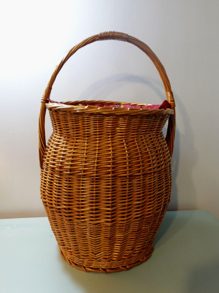 Large Vintage Wicker, Fabric Lined Basket/Hamper For Sale at 1stDibs