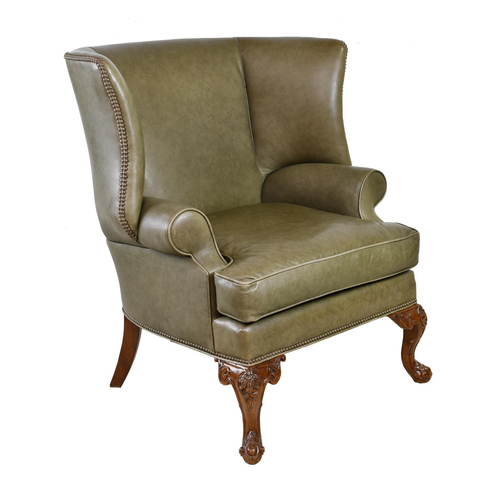 Contemporary Large Vintage Wingback Armchair with Sage-Green Leather Upholstery
