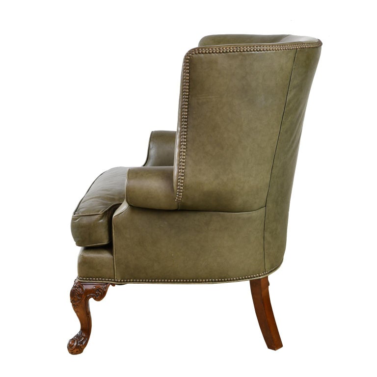 Large Vintage Wingback Armchair with SageGreen Leather Upholstery at