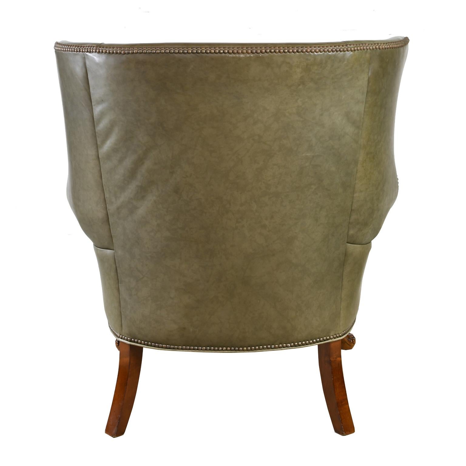 Georgian Large Vintage Wingback Armchair with Sage-Green Leather Upholstery
