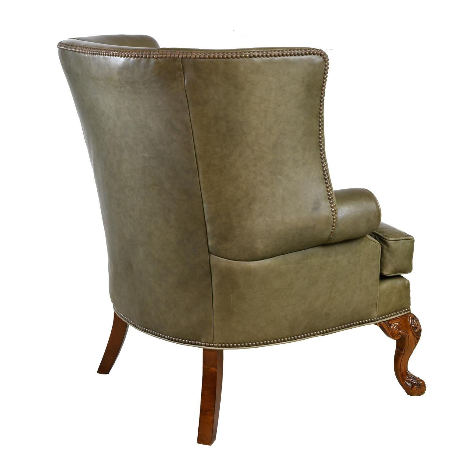 American Large Vintage Wingback Armchair with Sage-Green Leather Upholstery