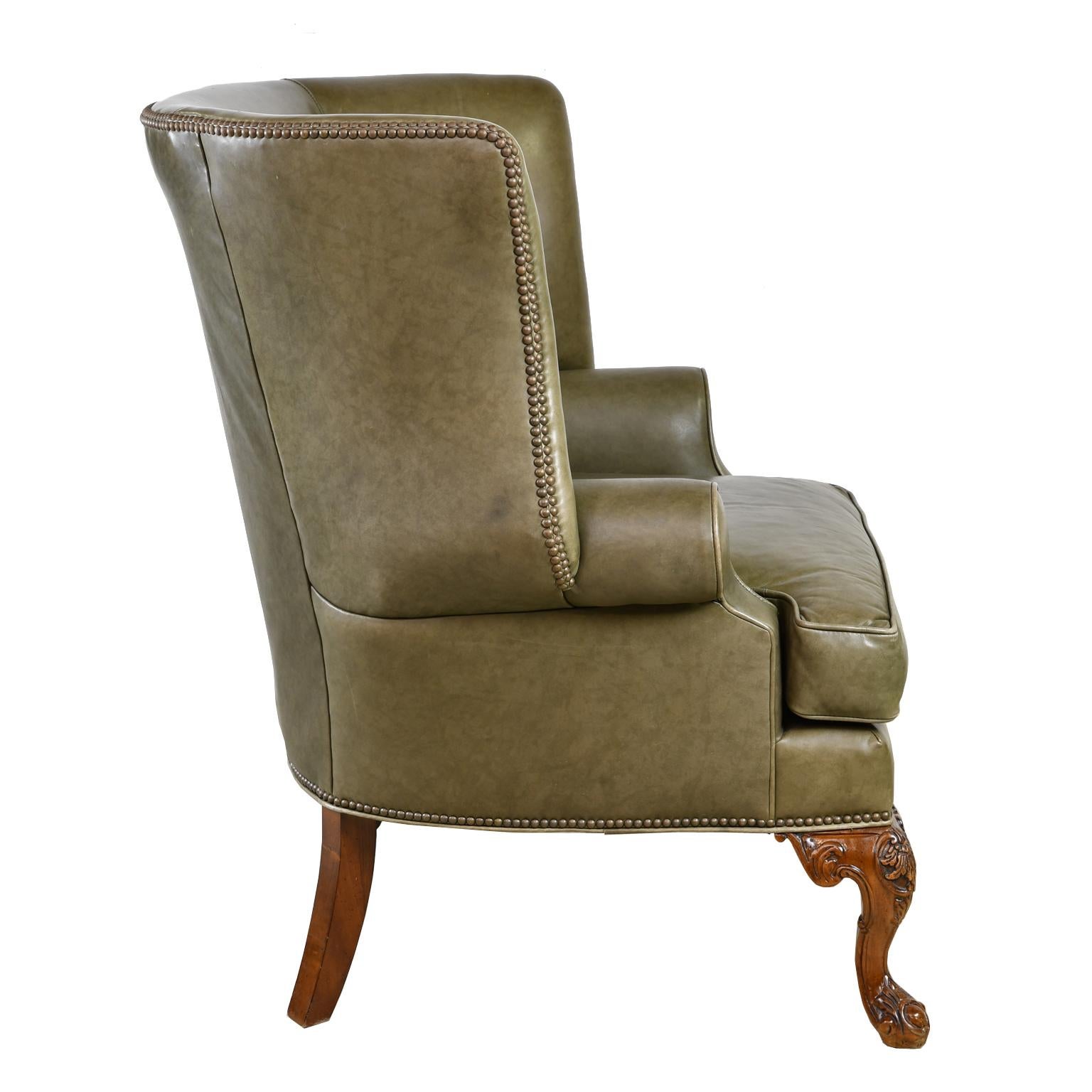 Large Vintage Wingback Armchair with Sage-Green Leather Upholstery In Good Condition In Miami, FL