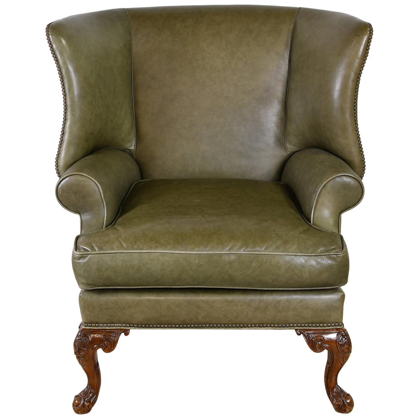 Large Vintage Wingback Armchair with Sage-Green Leather Upholstery