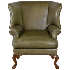 Large Vintage Wingback Armchair with Sage-Green Leather Upholstery