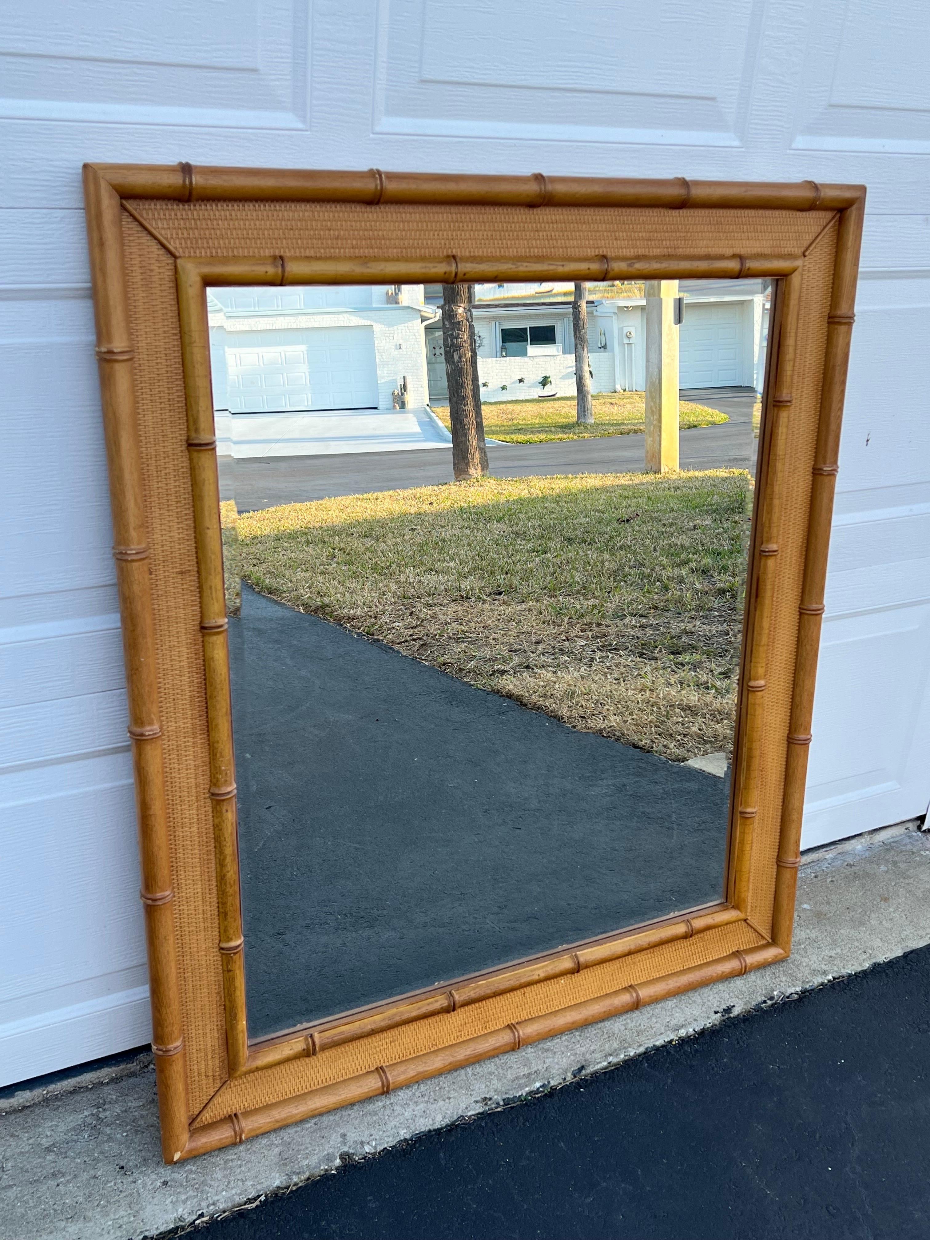 Large Vintage Wooden Faux Bamboo Mirror For Sale 13