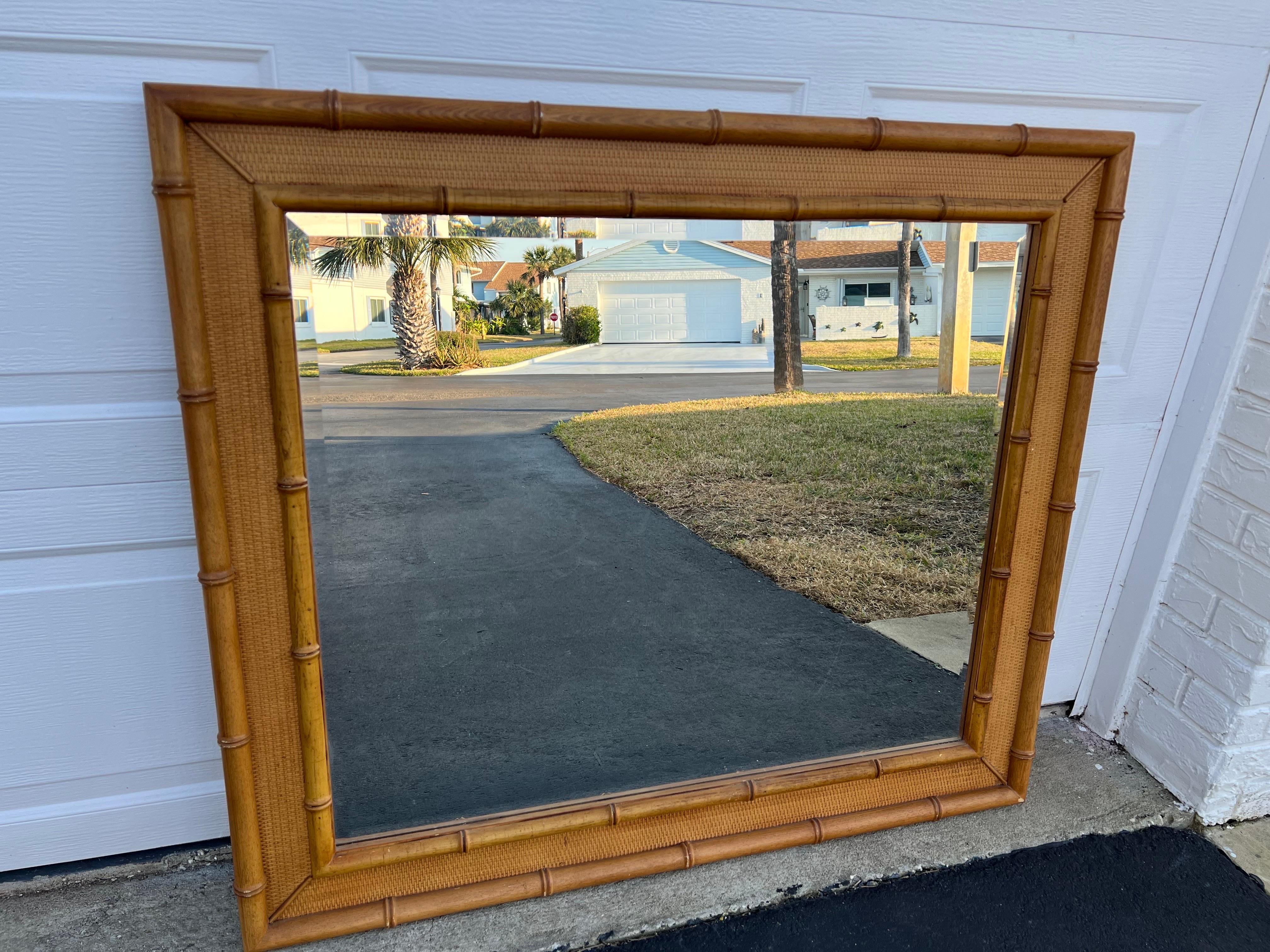 Large Vintage Wooden Faux Bamboo Mirror For Sale 1