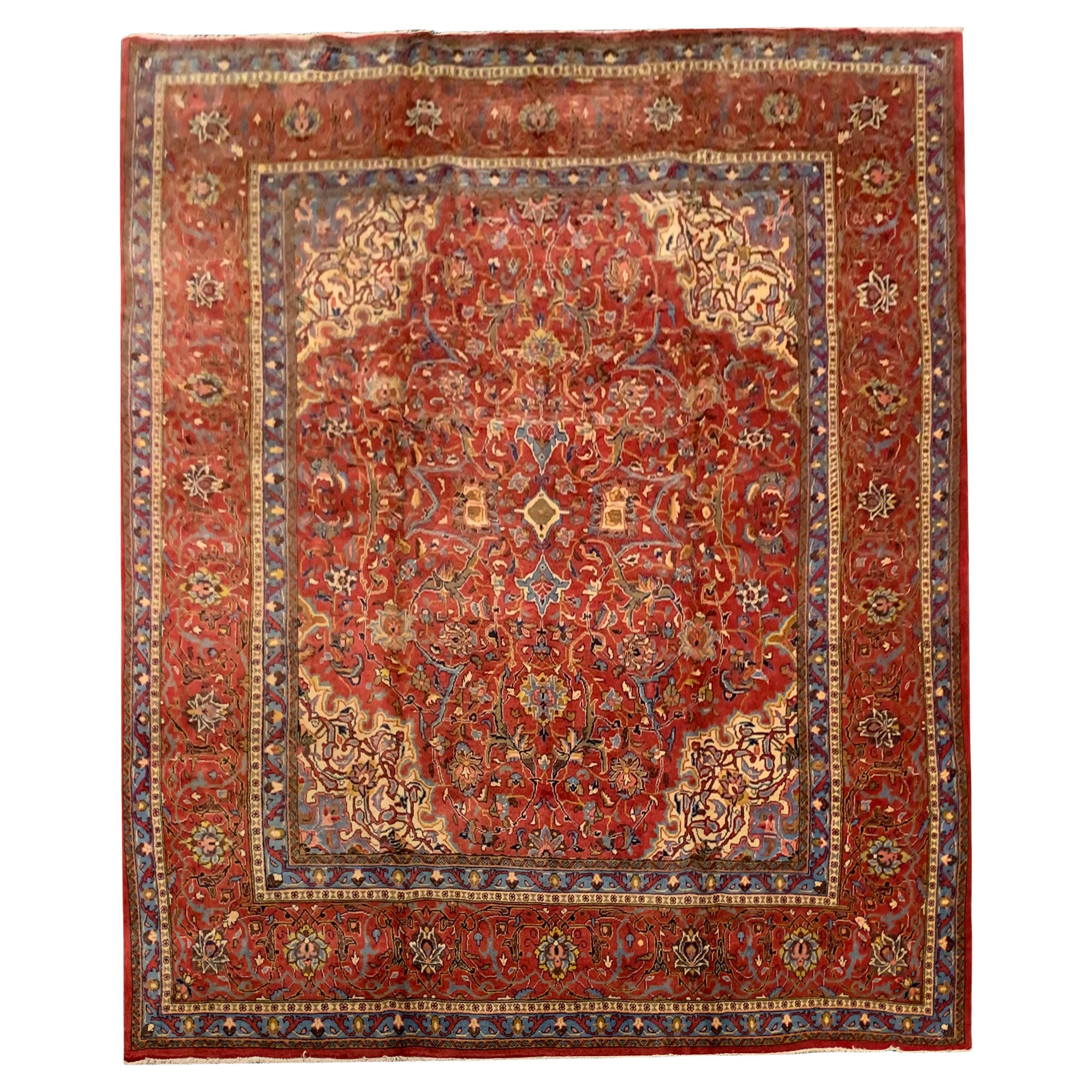 Grand tapis vintage en laine tissé à la main, tapis traditionnel rouge