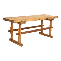 Large Vintage Work Table With Trestle Base