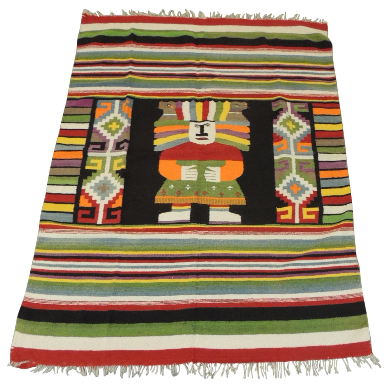 Large Vintage Woven Peruvian Throw with Fringes