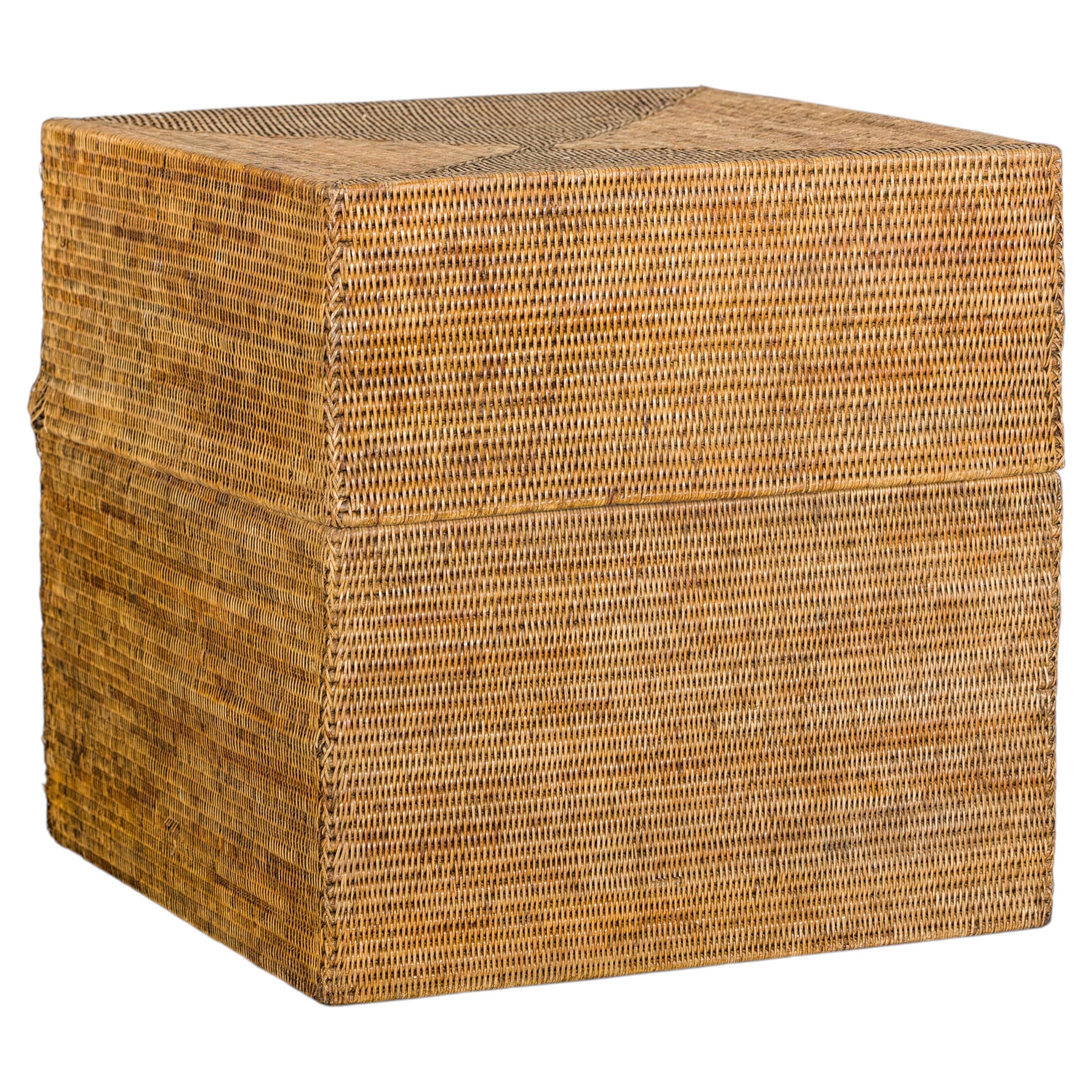 Grande scatola in rattan intrecciato vintage con coperchio rimovibile