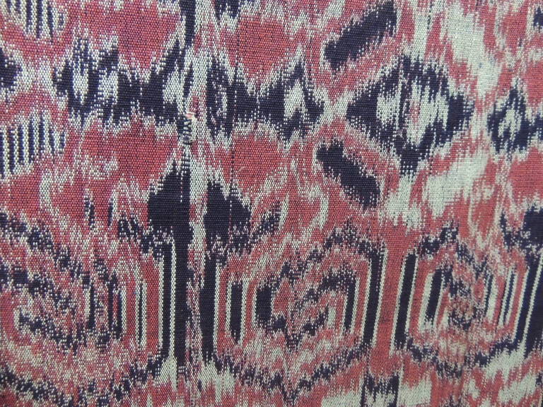 Hand-Woven Large Vintage Woven Red Ikat Tribal Pattern Textile Panel with Fringes
