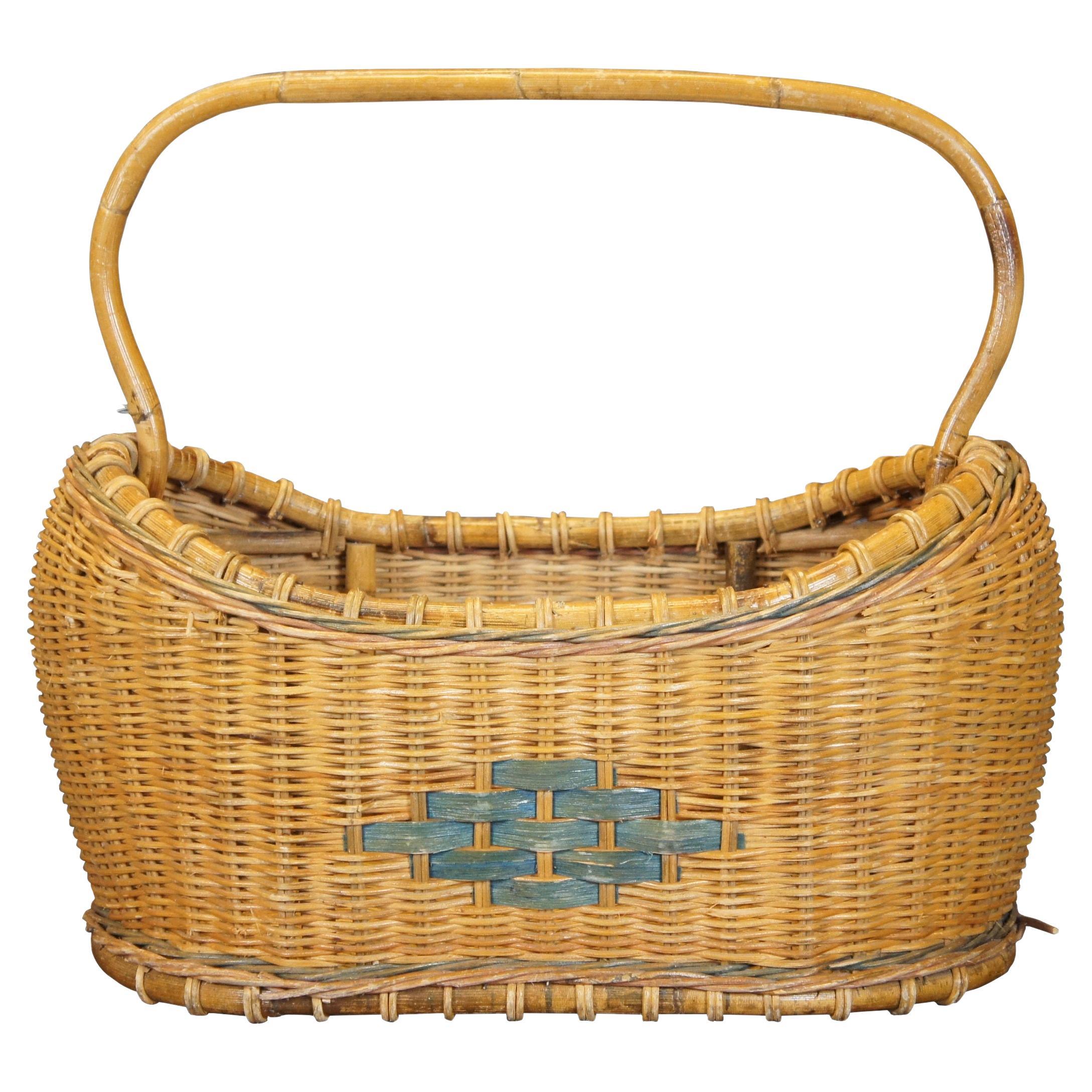 Large Vintage Woven Wicker Harvest Basket Bentwood Bamboo Handle 22"