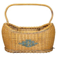 Gran cesta vintage de mimbre tejida para la cosecha Asa de bambú de madera curvada 22"