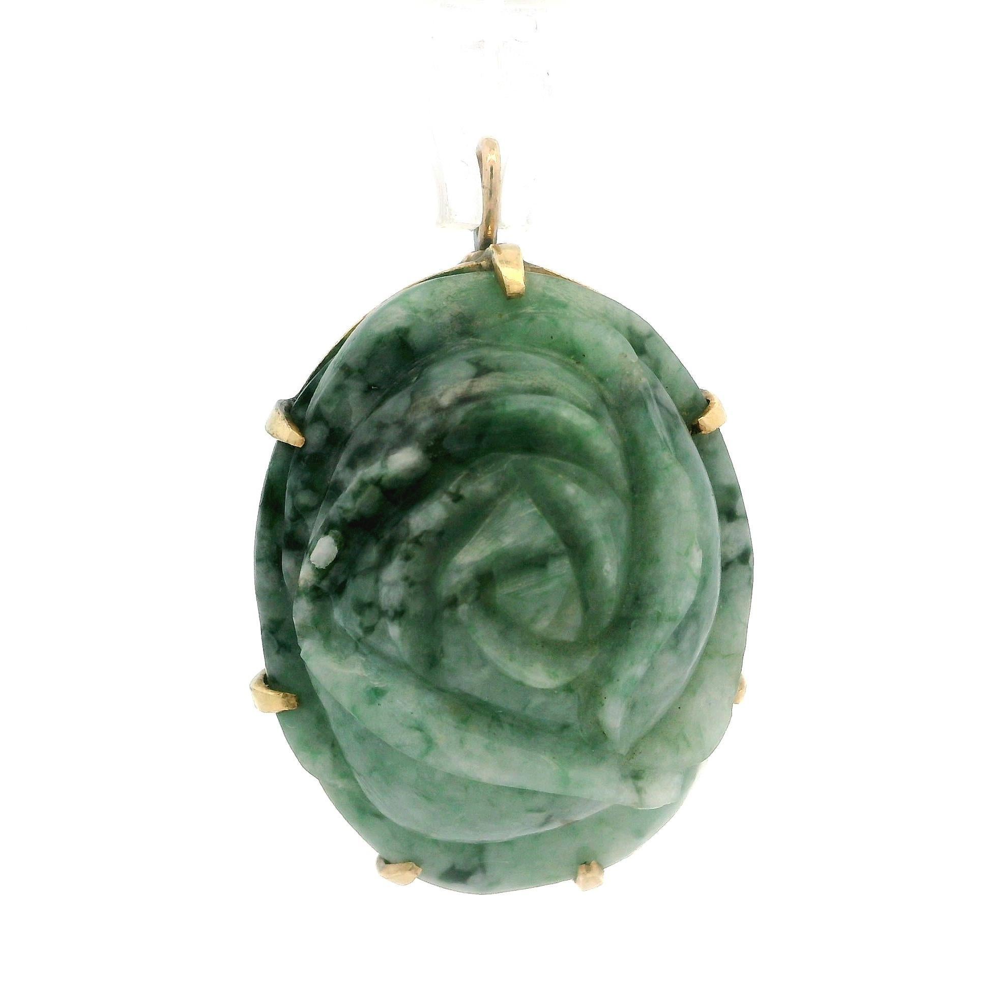 Large Vintage Yellow Gold Carved Like Rose Flower Jade Pin Brooch Pendant