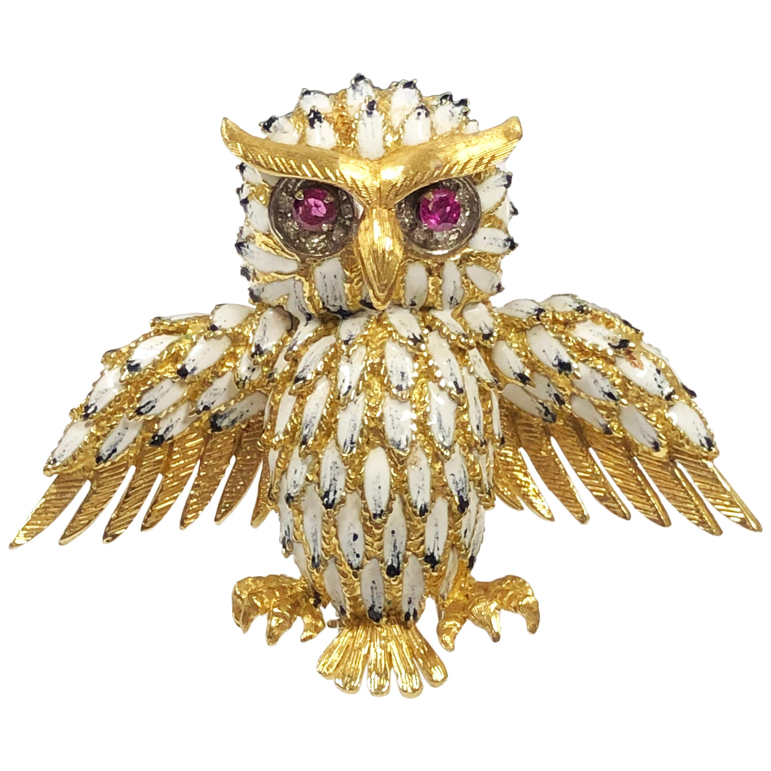 Grande broche à clip hibou vintage en or jaune sertie d'émail et de pierres précieuses en vente