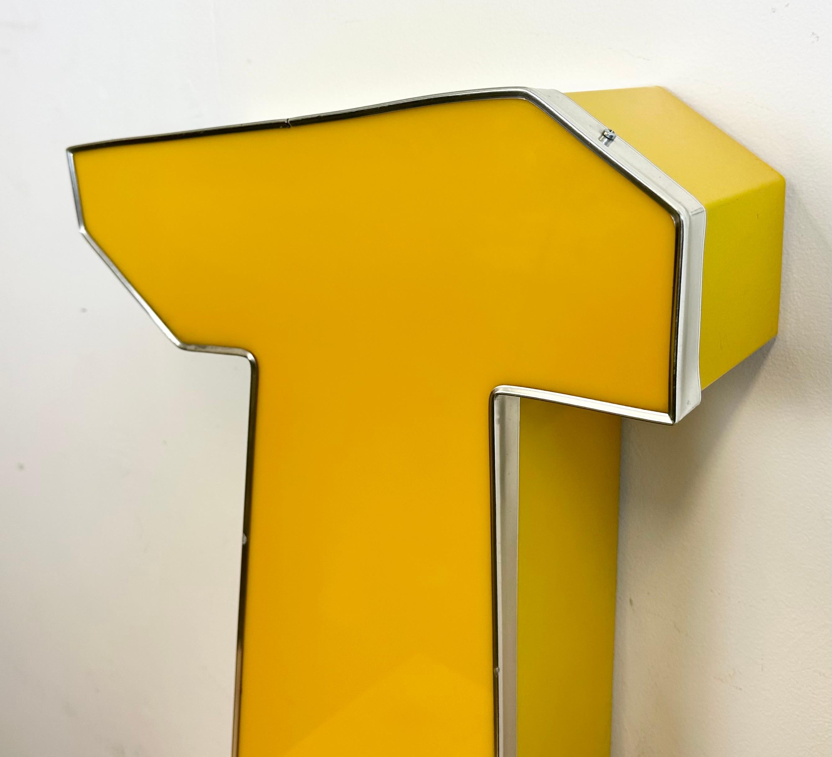 Italian Large Vintage Yellow Illuminated Letter T , 1980s For Sale