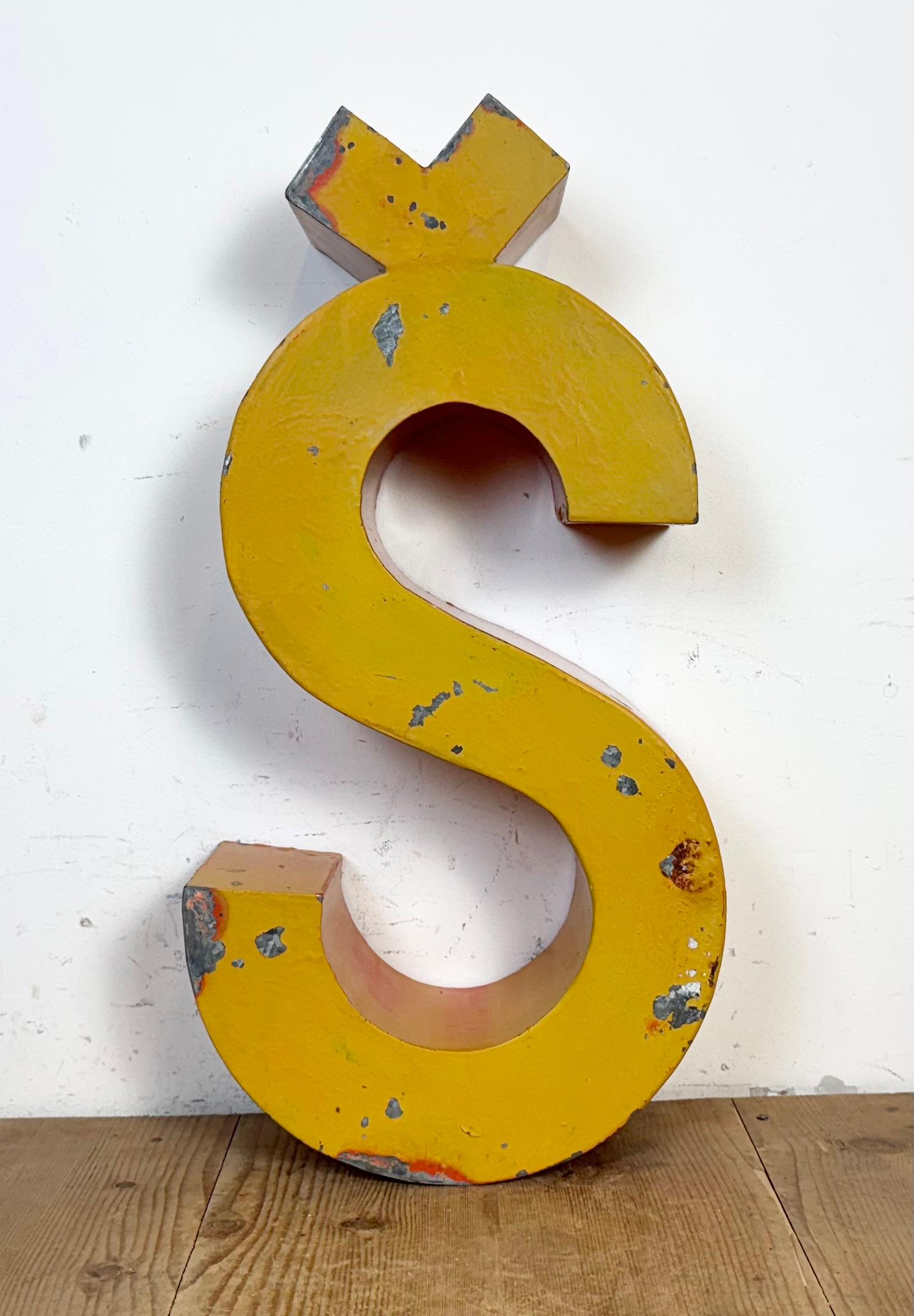 Industrial Large Vintage Yellow Iron Facade Letter Š, 1960s For Sale