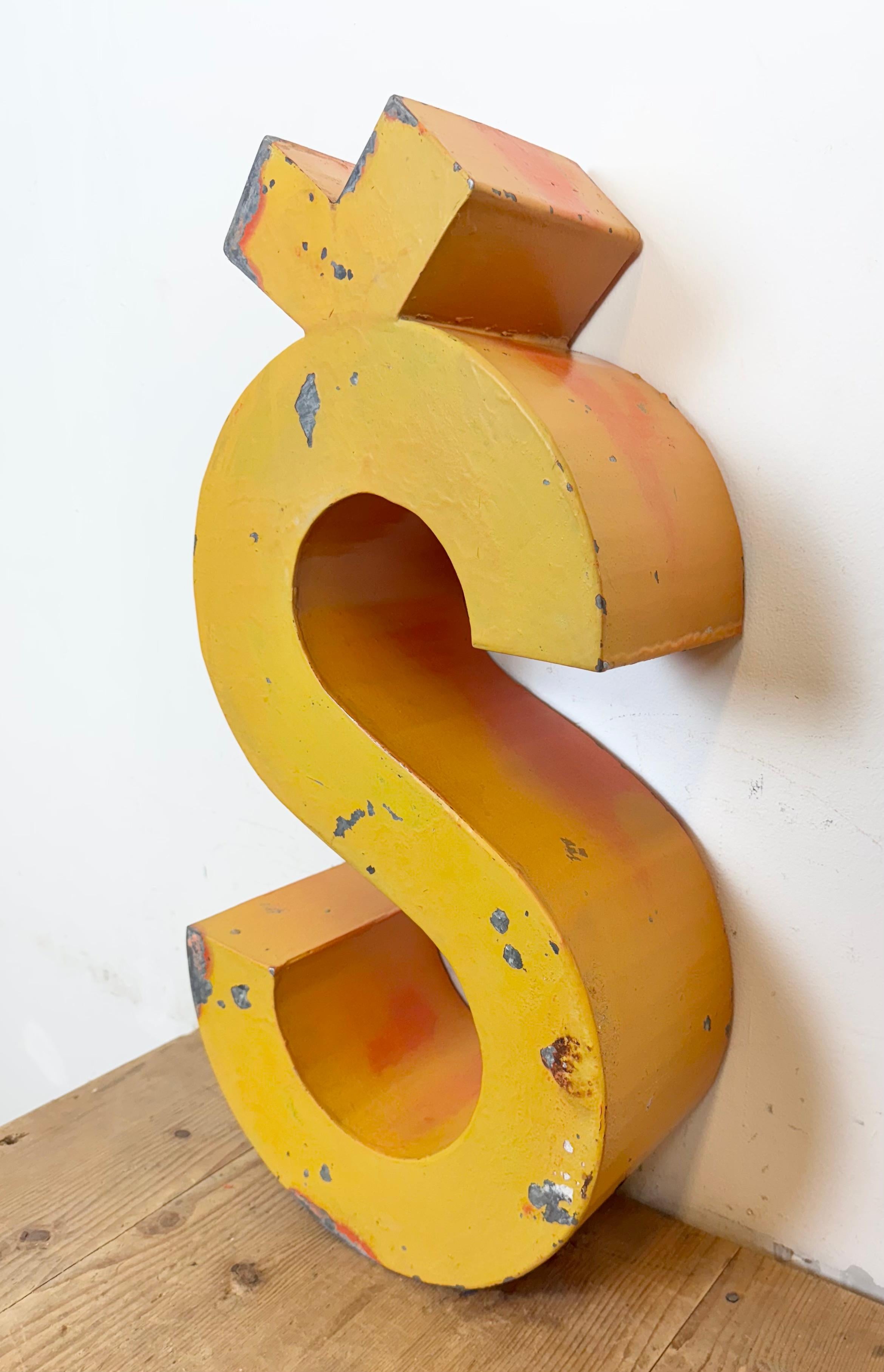 Czech Large Vintage Yellow Iron Facade Letter Š, 1960s For Sale