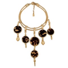 Large Vintage Yves Saint Laurent "Gold" Necklace with Five Pendants, 1970s / 80s
