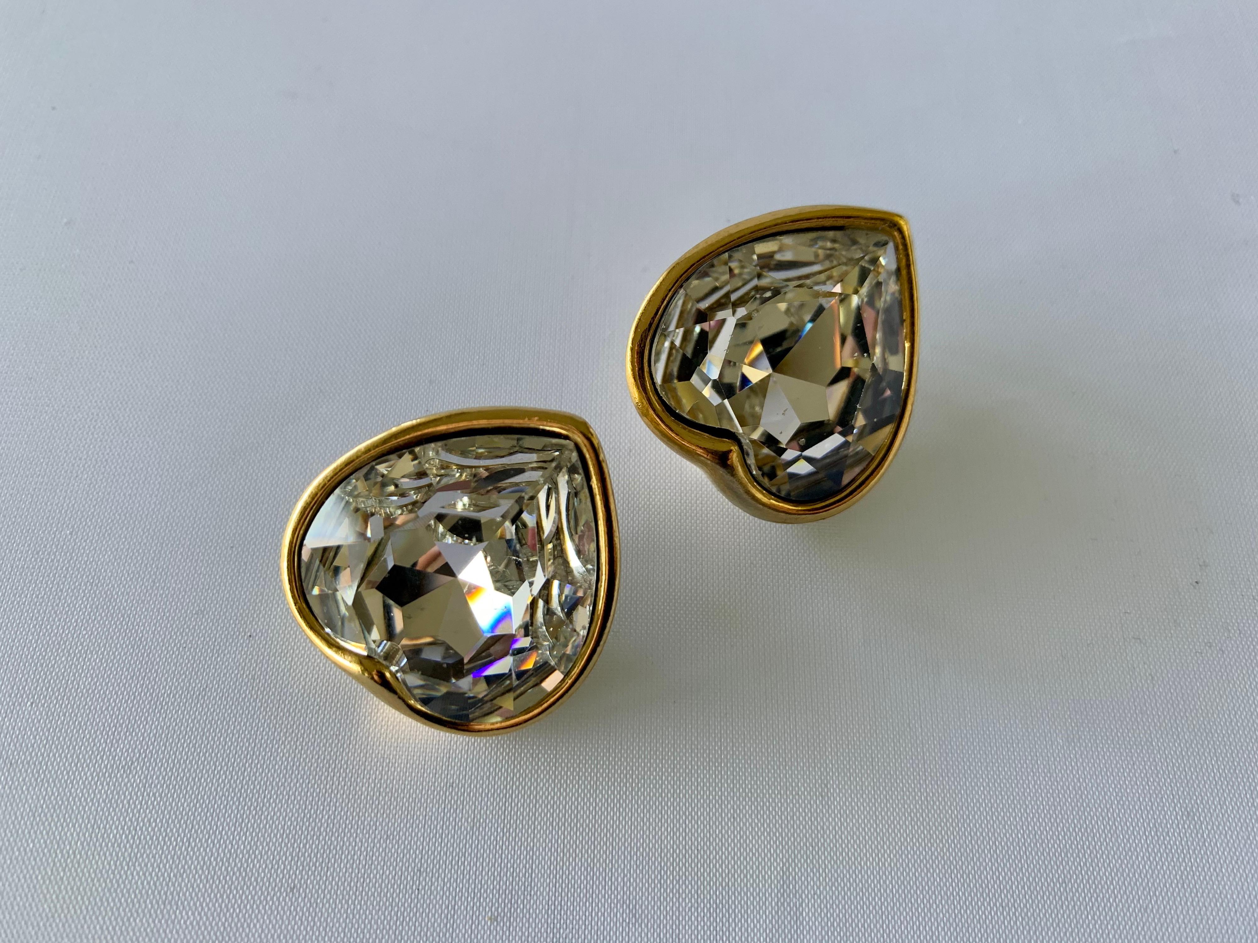 Artisan Large Vintage Yves Saint Laurent Heart Diamanté Earrings  