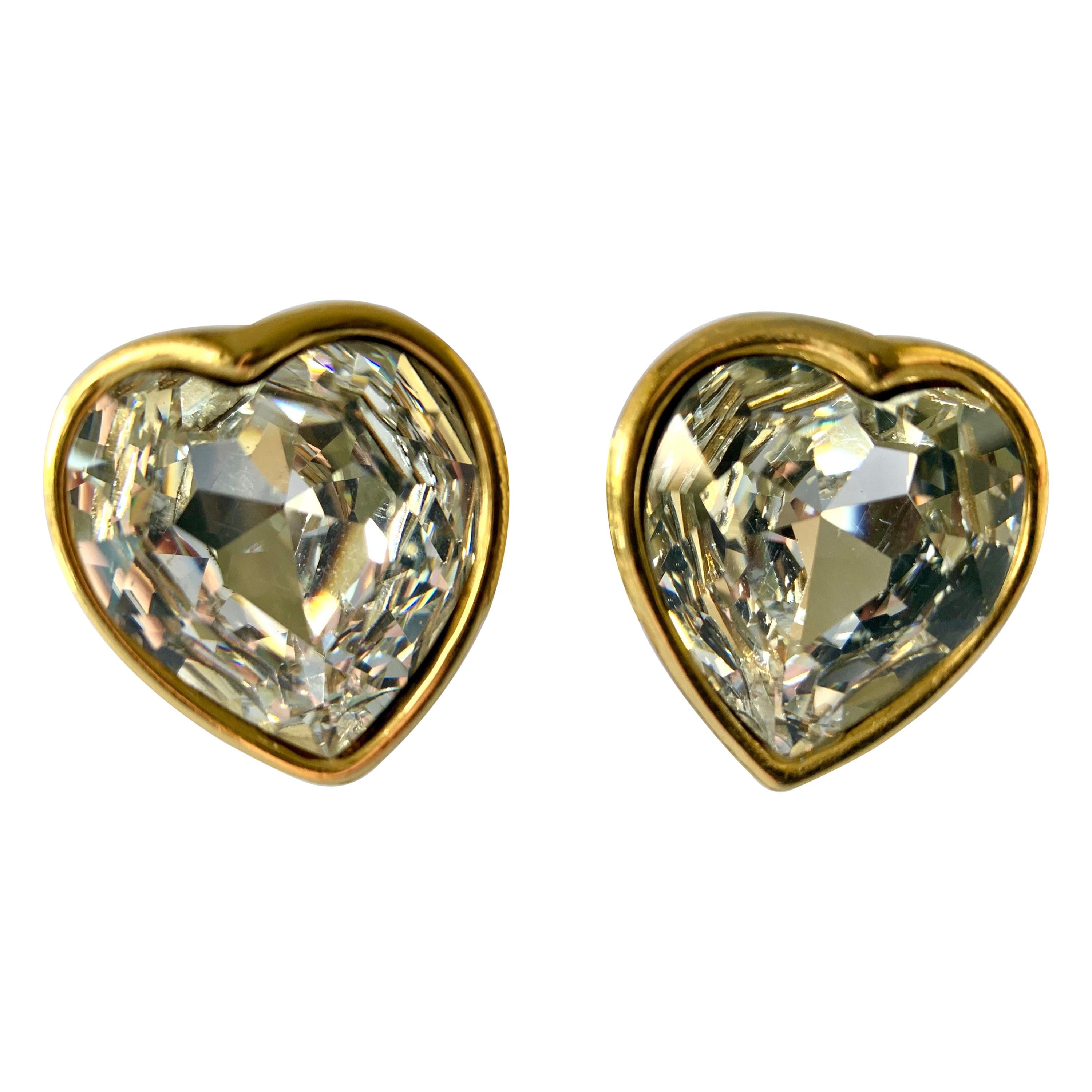 Large Vintage Yves Saint Laurent Heart Diamanté Earrings  