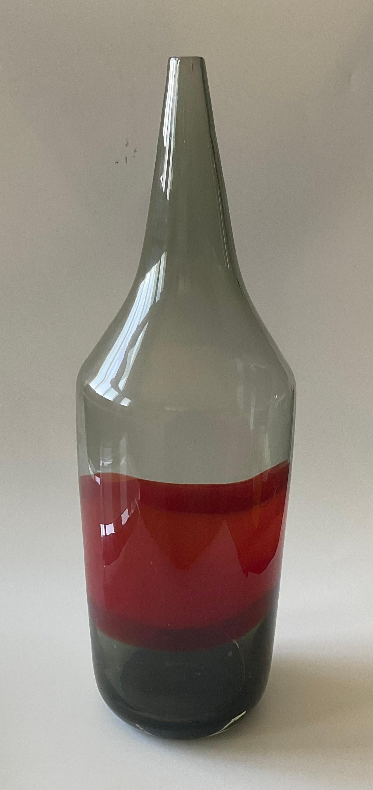 Large Vistosi Murano glass incalmo bottle from vase in smoke gray with red band Signed with its original label. Impressive size and design.