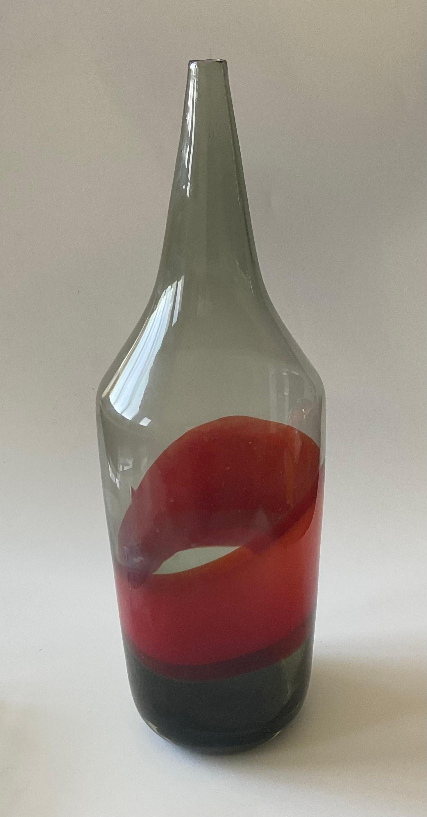 Mid-Century Modern Large Vistosi Murano Glass Incalmo Vase in Smoke Gray with Red Band Signed For Sale
