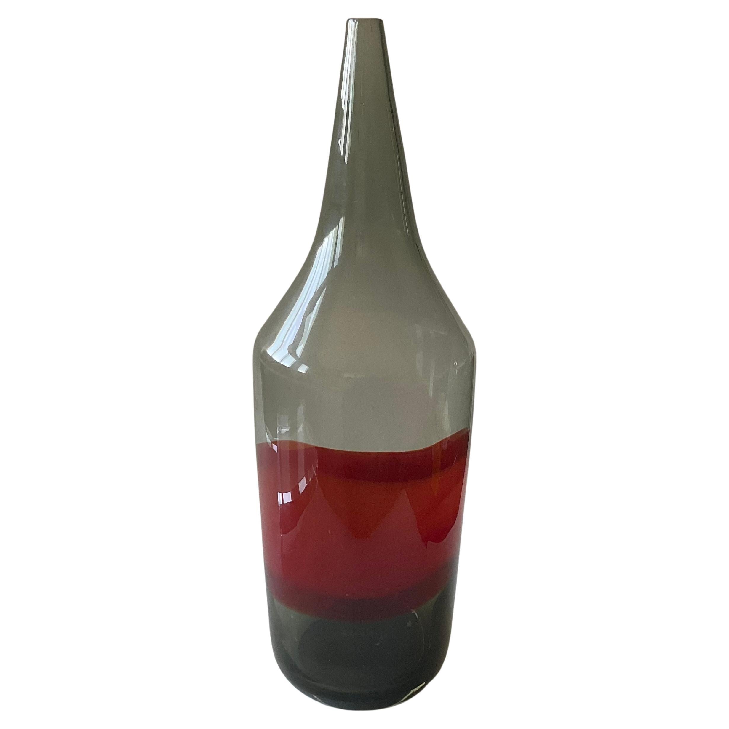 Large Vistosi Murano Glass Incalmo Vase in Smoke Gray with Red Band Signed For Sale