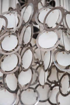 Large Vistosi Opal Glass and Chrome Discs Chandelier, Murano, Italy, 1960s