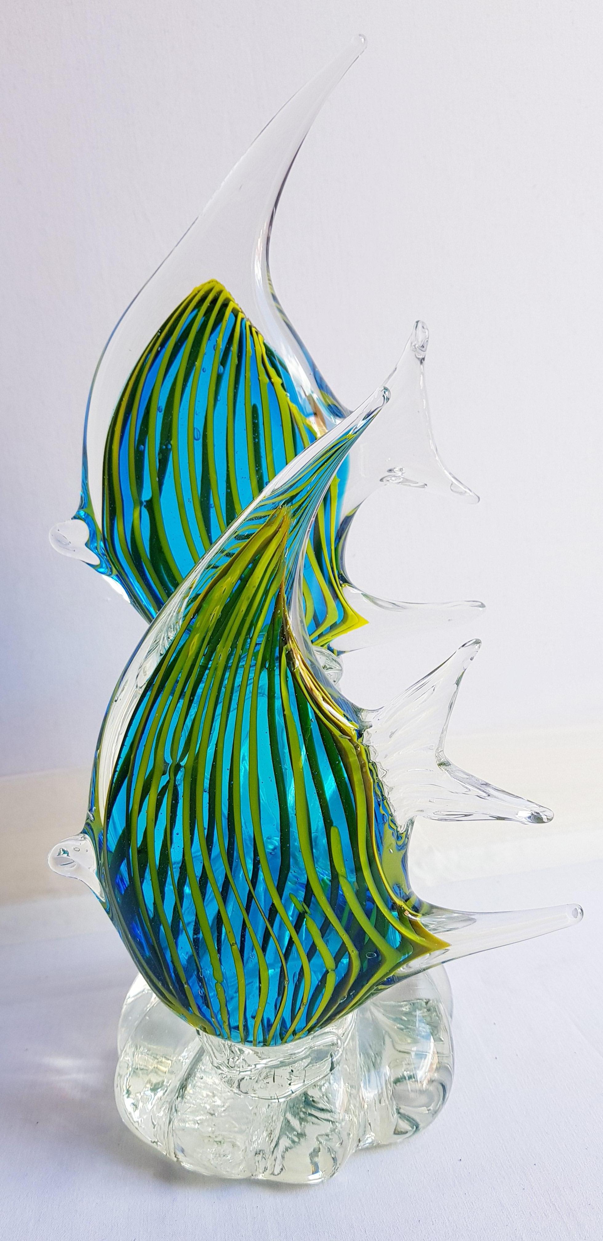 Beautiful vitange Mdina Maltese glass Angel fishes, blue, yellow ribbons and clear brilliant condition.