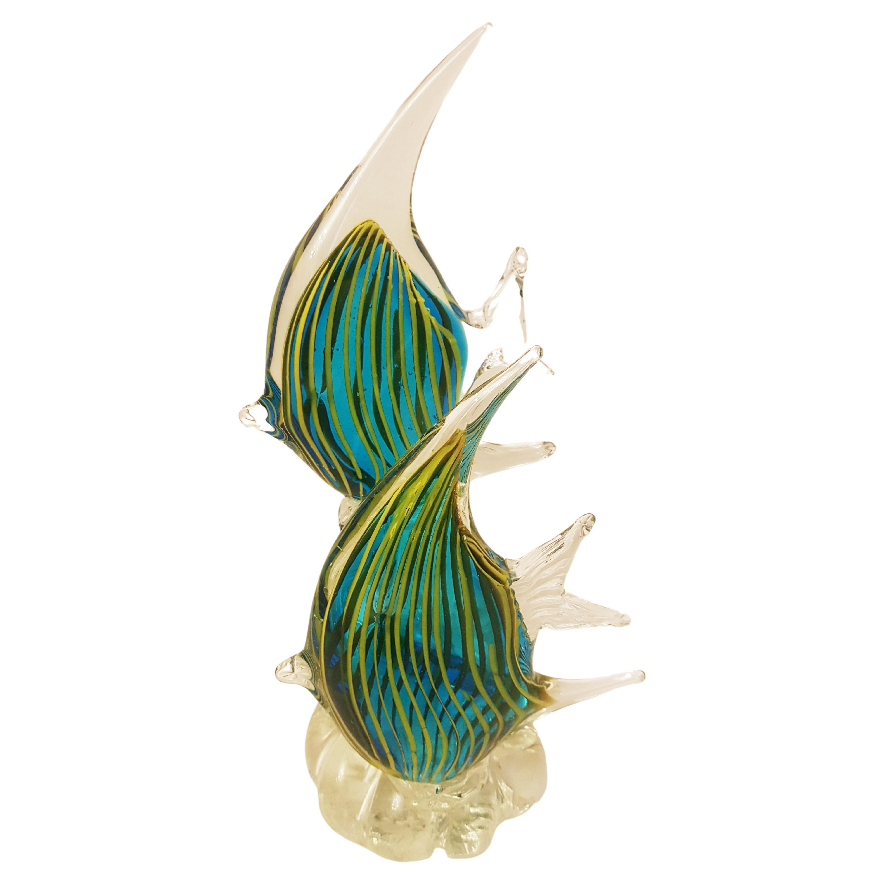 Large Murano Glass Angel Fish Sculpture by Nason in Clear Green and