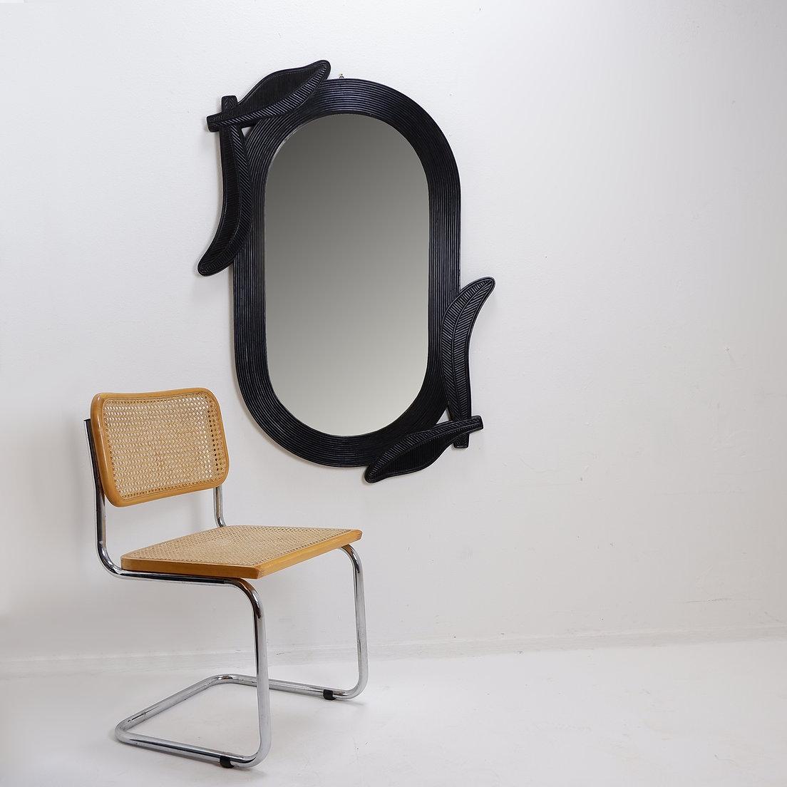 Large Vivai del Sud wall mirror in black lacquered bamboo - 1970s In Good Condition For Sale In Linkebeek, BE