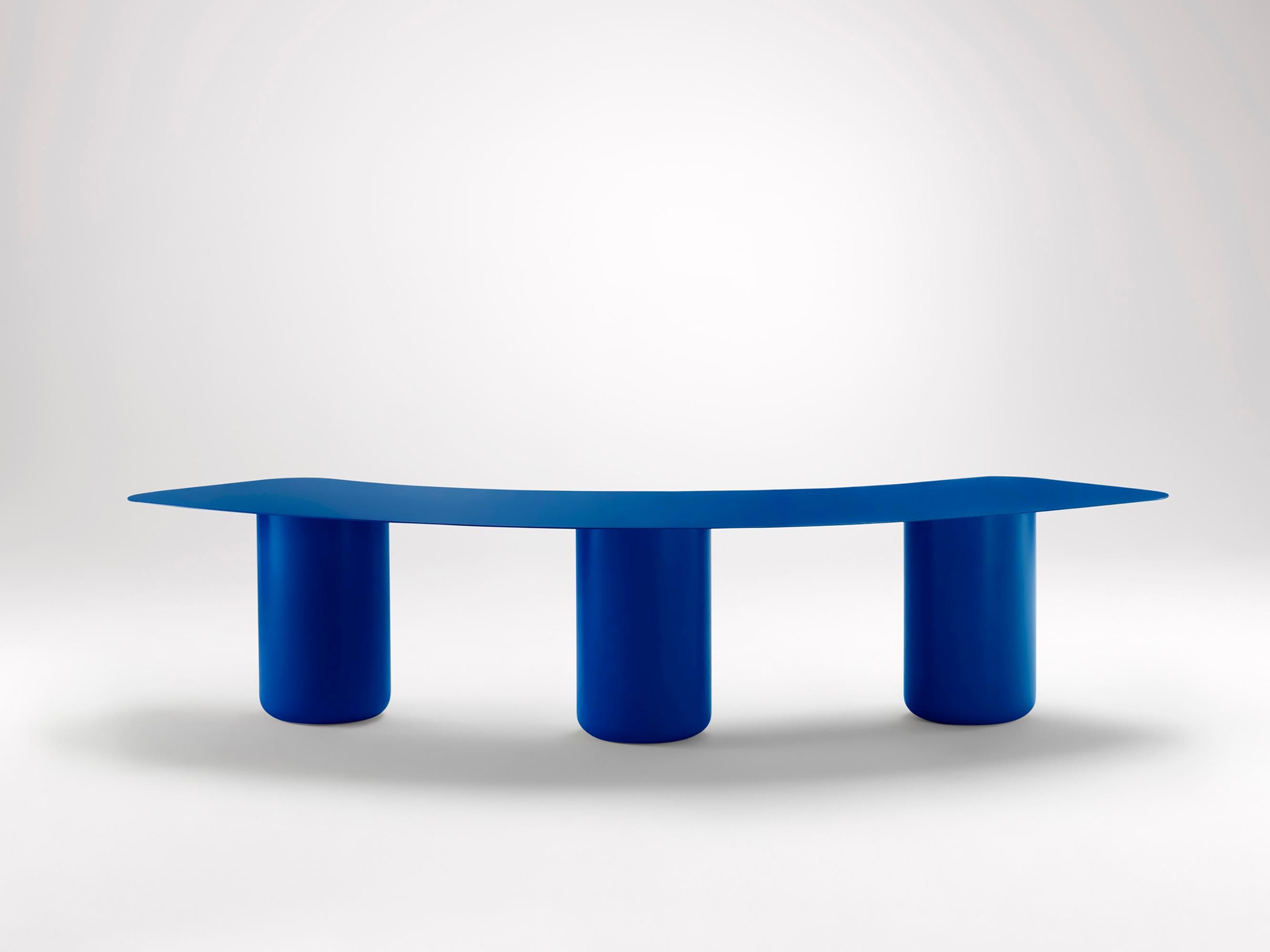 Large Vivid Blue Curved Bench by Coco Flip
Dimensions: D 75 x W 200 x H 42 cm
Materials: Mild steel, powder-coated with zinc undercoat. 
Weight: 44 kg

Coco Flip is a Melbourne based furniture and lighting design studio, run by us, Kate Stokes and