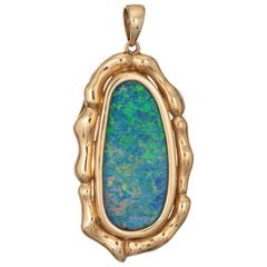 Large Vivid Opal Pendant Vintage 14 Karat Gold Estate Fine Jewelry Blue Green