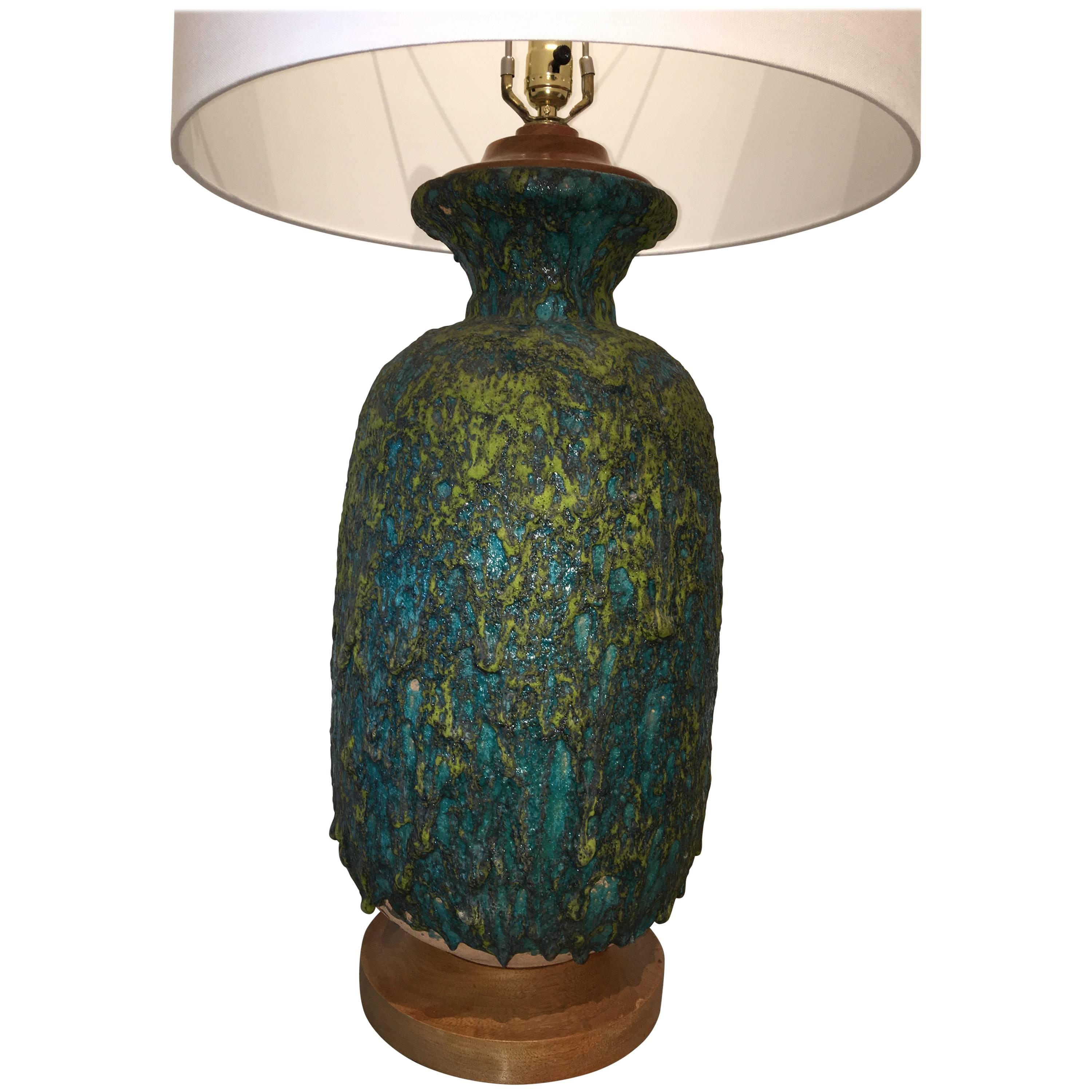 Large Volcanic Textured Aqua and Green Ceramic Midcentury Lamp For Sale
