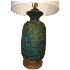 Vintage Large Volcanic Textured Aqua and Green Ceramic Midcentury Lamp