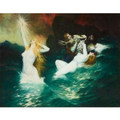 Large Wagnerian Mythological Painting ‘The Rhinemaidens’ by Leeke