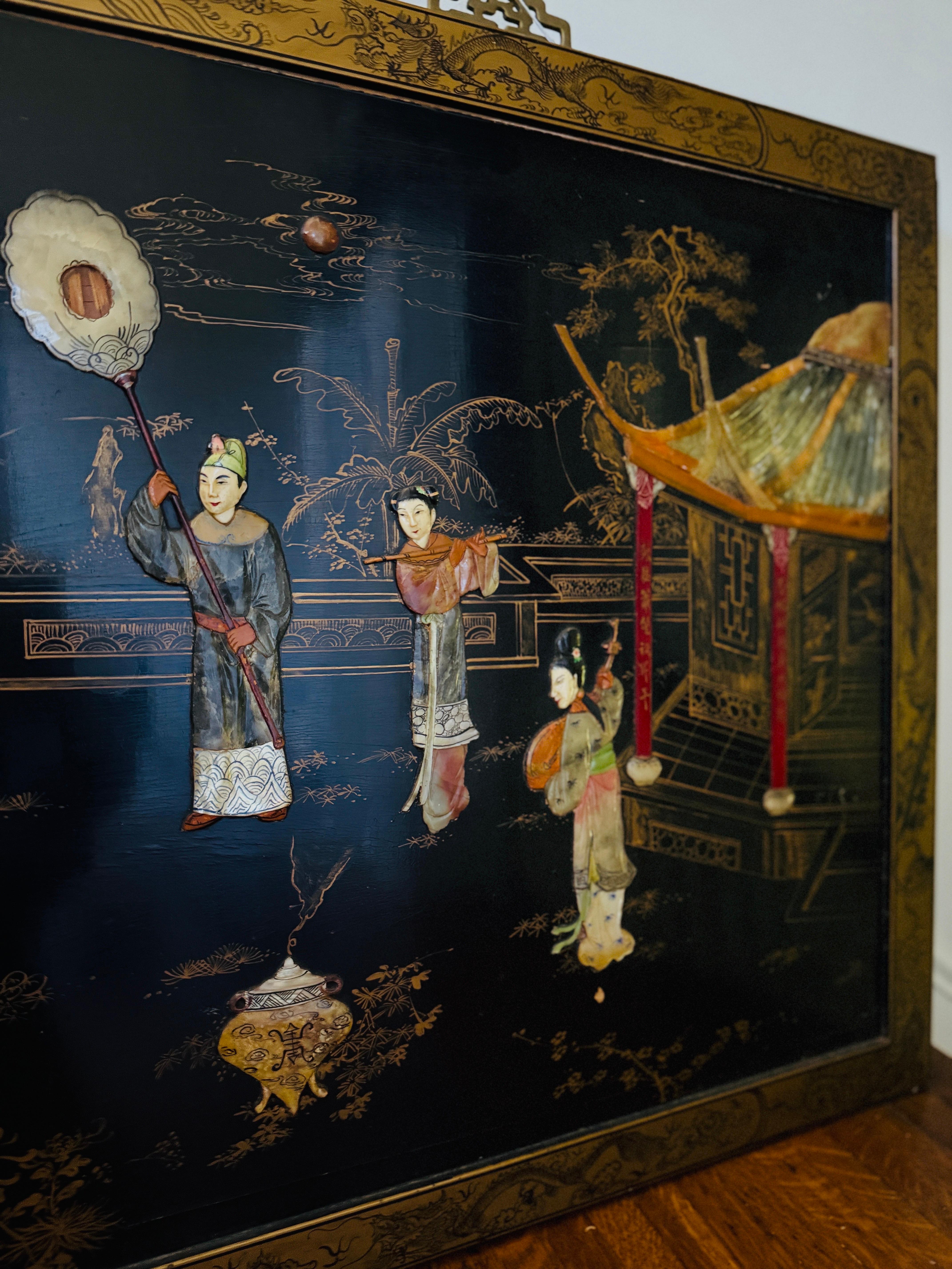 Große Wandkunst Chinesische Tafel mit eingelegten Edelsteinen Atemberaubendes Kunstwerk im Zustand „Gut“ im Angebot in Rochester, NY