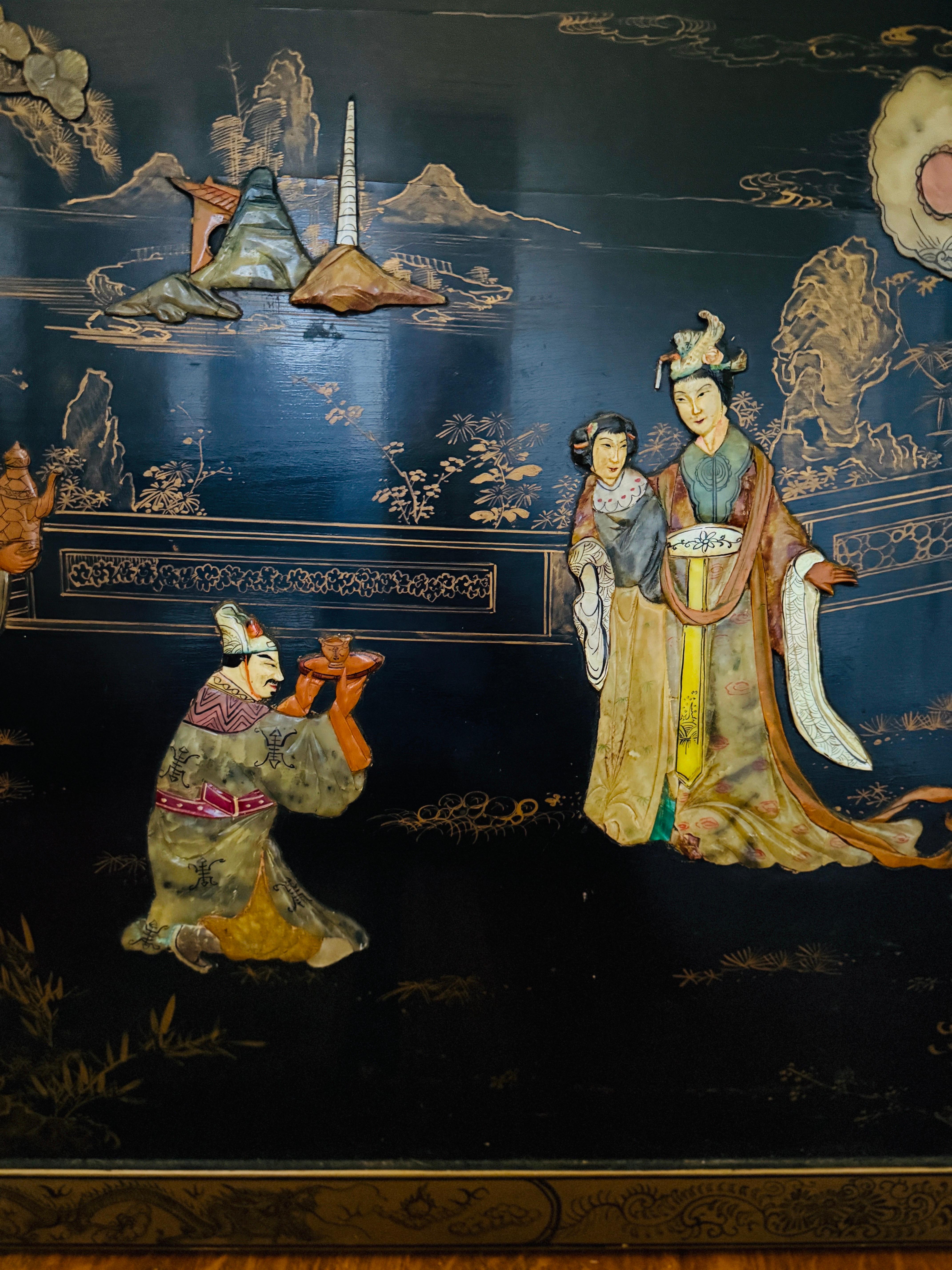 Große Wandkunst Chinesische Tafel mit eingelegten Edelsteinen Atemberaubendes Kunstwerk im Angebot 1
