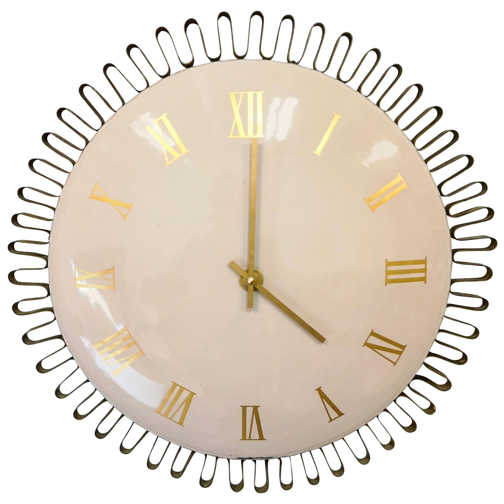 Large Wall Art Deco Clock in Enamel and Brass