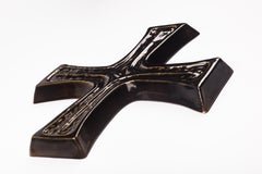 Large Wall Cross, Brown Glazed Ceramic, Handmade in Belgium, 1970s