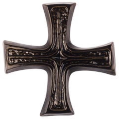 Large Wall Cross, Brown Glazed Ceramic, Handmade in Belgium, 1970s