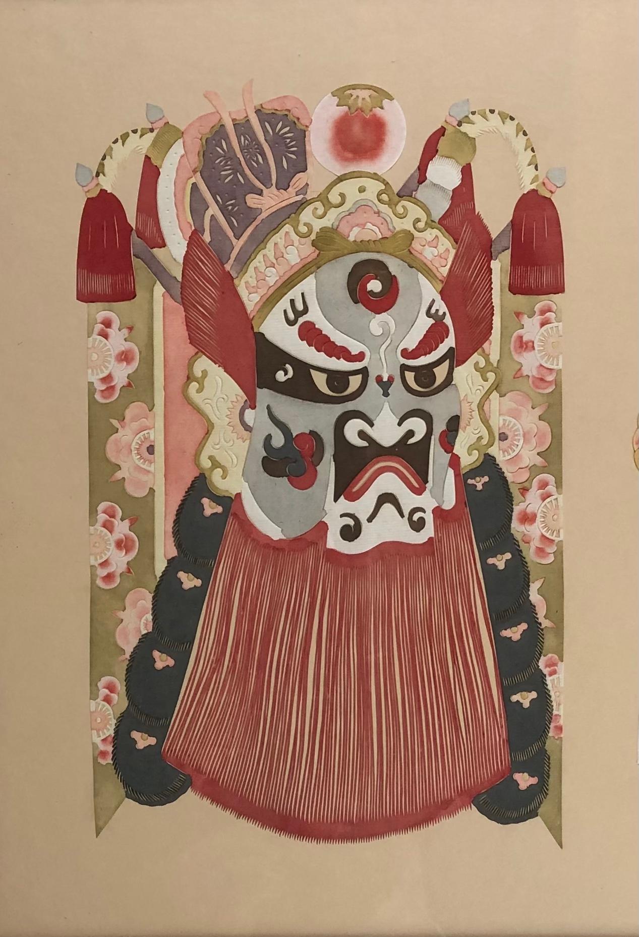 A generously sized decorative Chinese framed mixed media depiction of 5 ceremonial deity masks, 20th Century. This large wall hanging mixed media of ceremonial deity masks is made of intricately cut paper then painted with watercolors. 

Very
