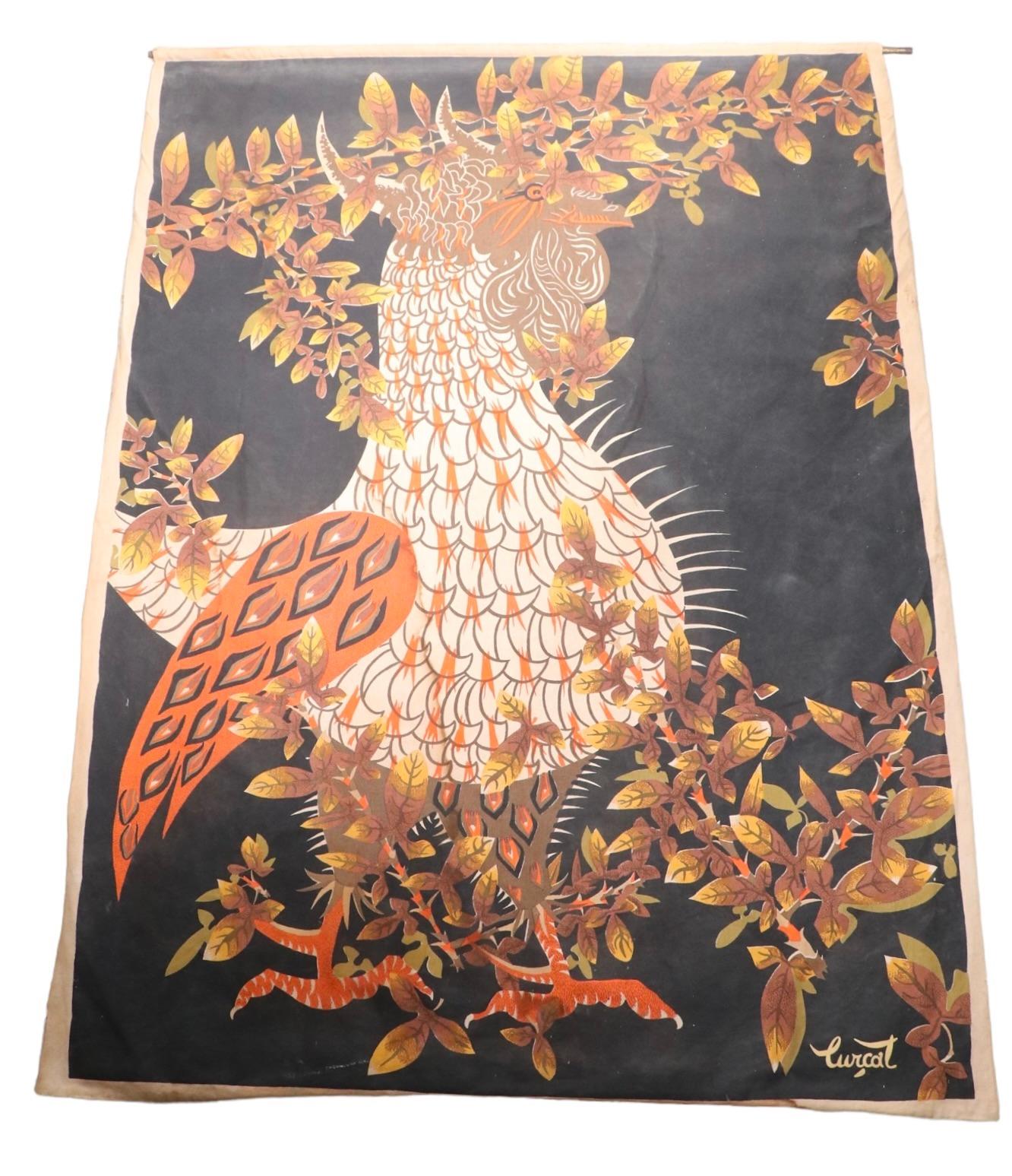 Large lithograph, tapestry style wall hanging by Jean Lucrat, printed by Corot, Made in France circa 1950's. This famous work is know as Le Tanager ( The Screamer ) . This example is in fair to good condition, there is a visible stain and general