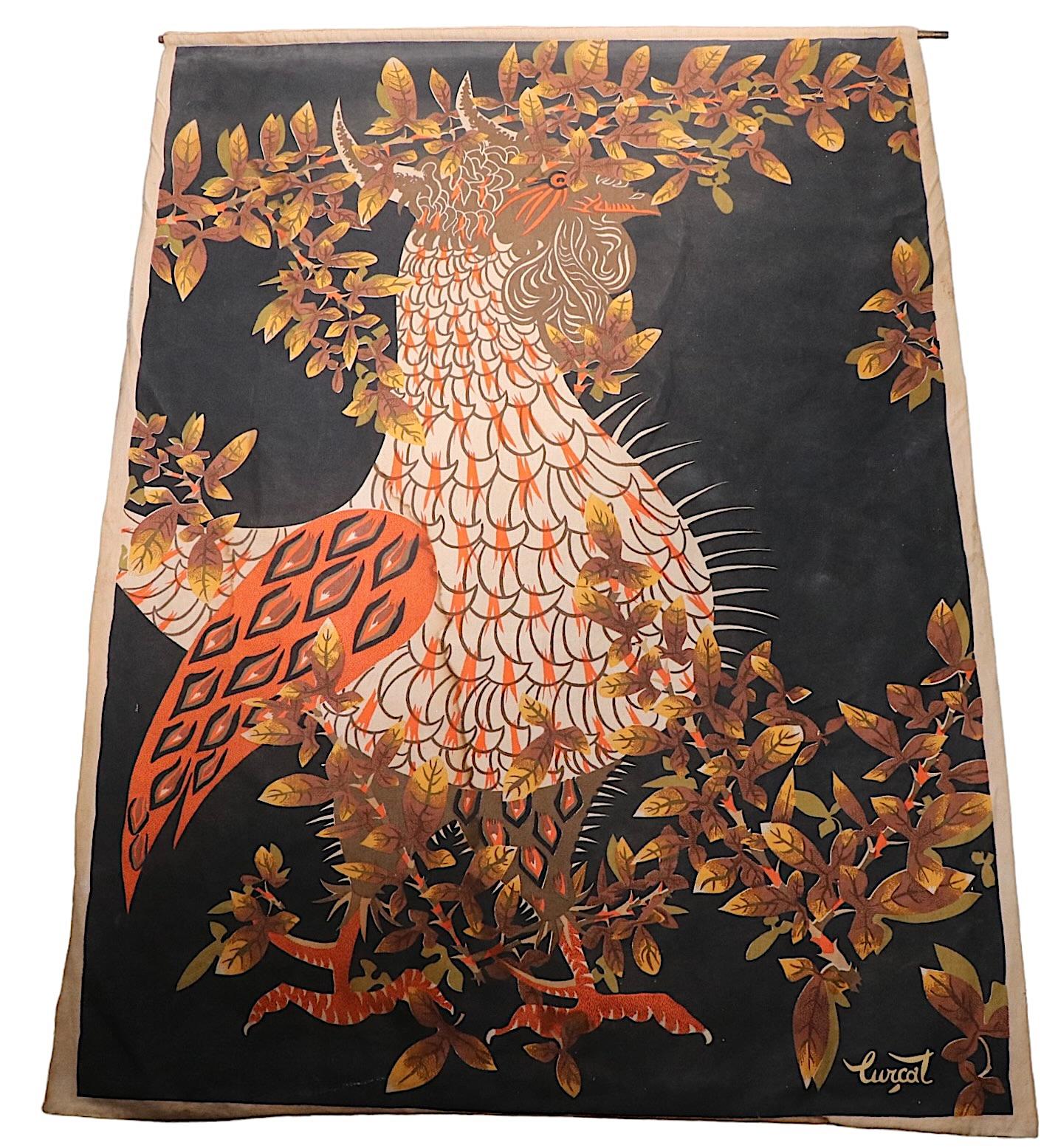 20th Century Large Wall Hanging Litho Print on Fabric by Lucat Le Tanager Made in France 