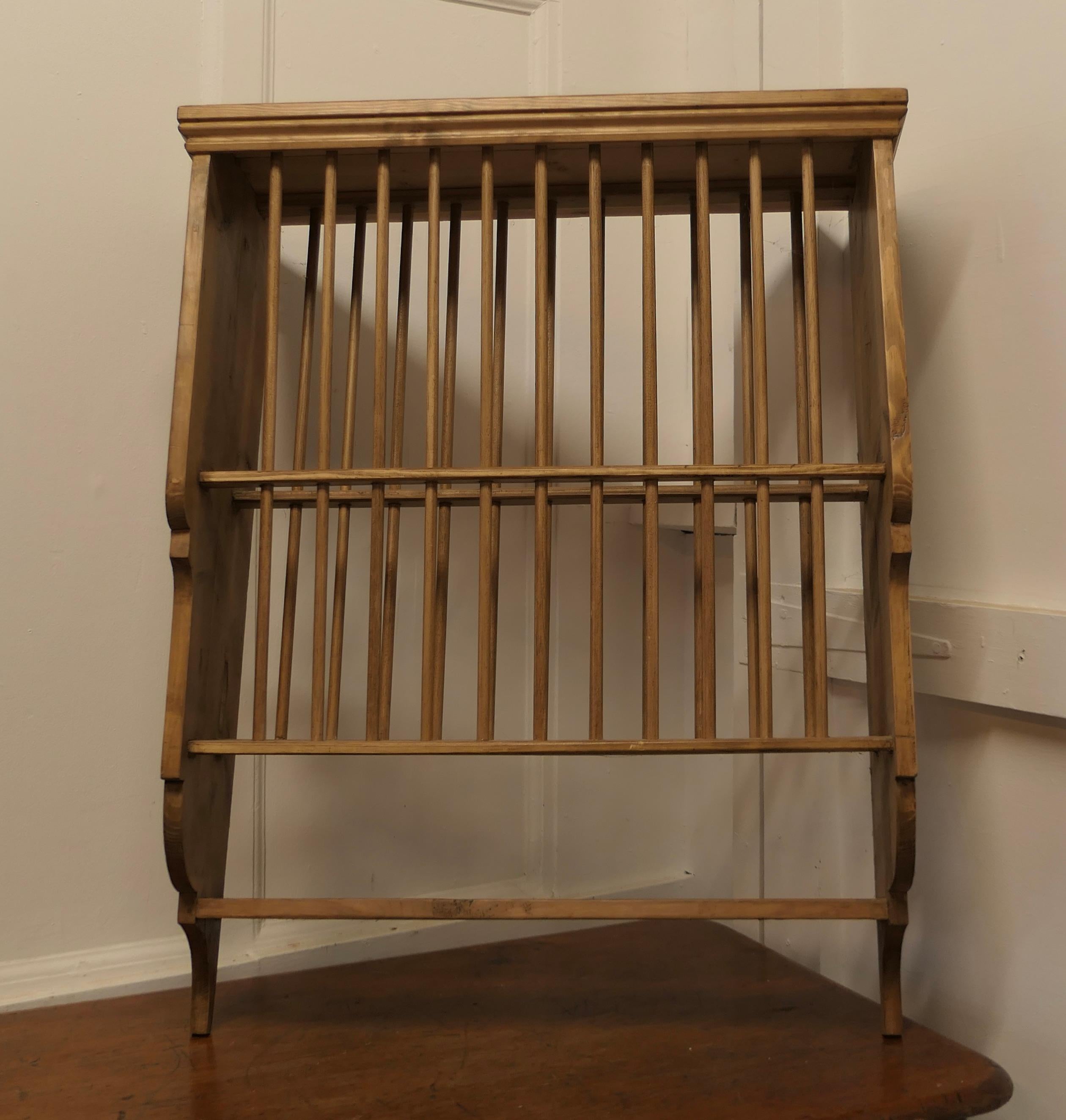 Large Wall Hanging Pine Plate Rack

This useful piece hangs on the wall and drains and stores plates until required
It has a pine frame and wooden dowels with a waterfall shape, allowing 2 rows of plates to be stored at any one time, below there is