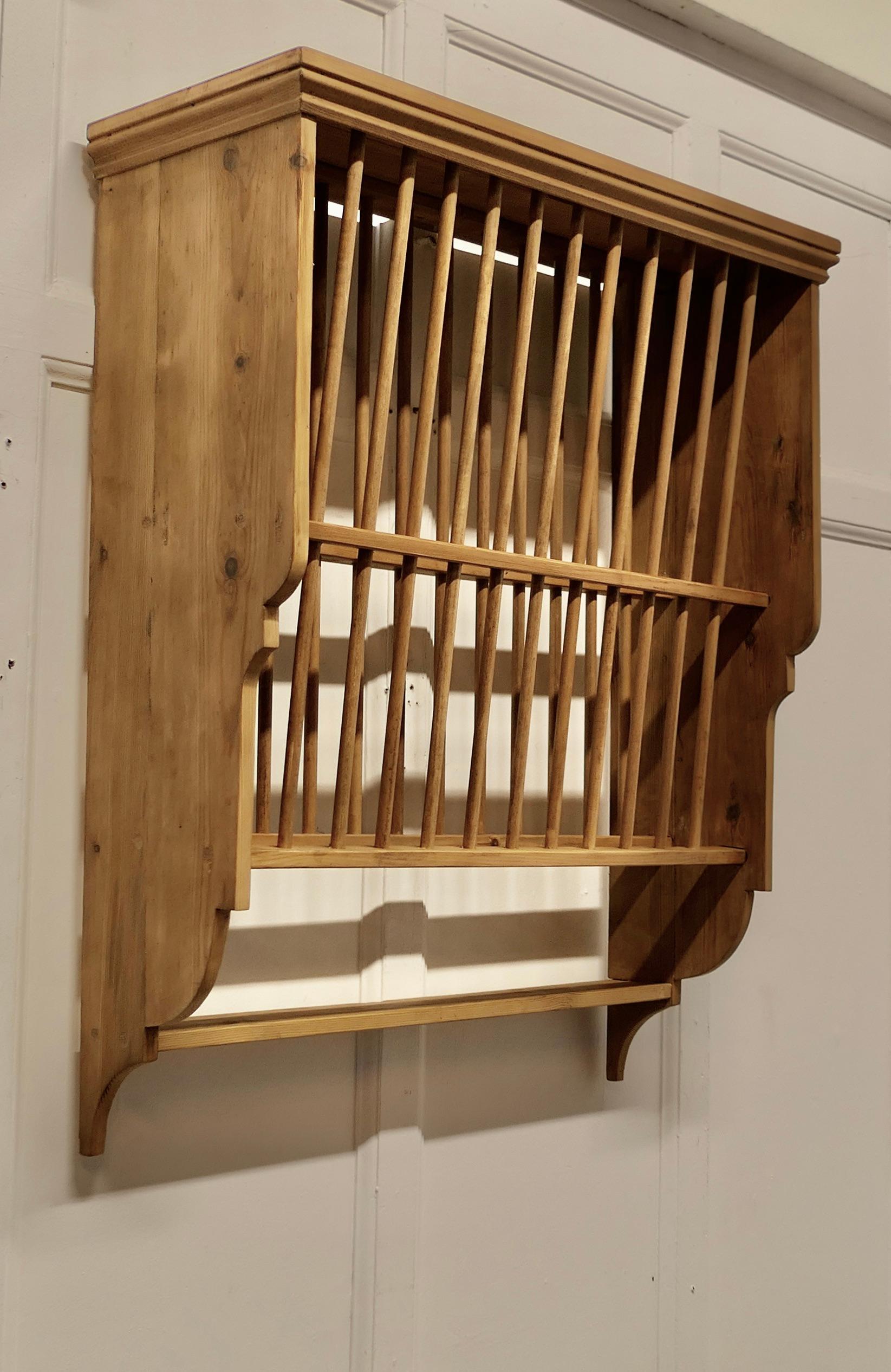 Mid-Century Modern Large Wall Hanging Pine Plate Rack  This useful piece hangs on the wall 